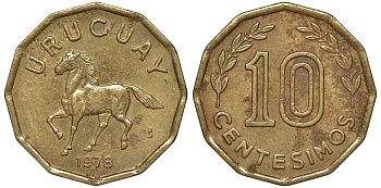 Уругвай 10 сентесимо 1978 KM 66 алюминиевая бронза 4164-766