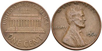 США 1 цент 1960 Линкольн KM 201 медь цинк 4115-823
