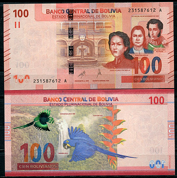 Боливия 100 боливиано 1986 (2018-2019) Хуана Асурдуй де Падилья, Алехо Калатаюд и Антонио Хосе Сукре Pick 251 (2)  бумага  UNC (пресс) 451-779-1