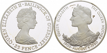 Гернси 25 пенсов 1980 80 лет Королеве Елизавете (королеве матери) KM 35a серебро PROOF 11-176-41