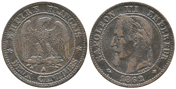 ФРАНЦИЯ 2 САНТИМА 1862 А, НАПОЛЕОН III (1852-1870) KM 796.4 бронза 100-1121