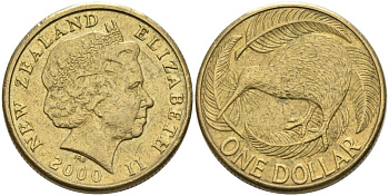 Новая Зеландия 1 доллар 2000 Елизавета II (1952-2022), птица киви  KM 120 алюминиевая бронза 29-552