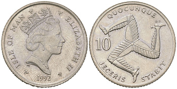 Остров Мэн 10 пенсов 1992 Елизавета II (1952-2022) KM 337 медно-никель aUNC 4619-134