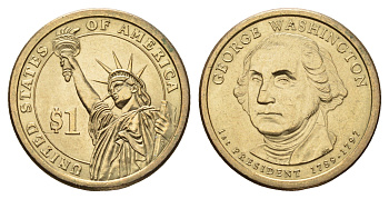 США 1 доллар 2007 D, Президент США - Джордж Вашингтон (1789-1797) KM 401 медь с марганцево-латунным покрытием UNC 106-1246