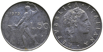 ИТАЛИЯ 50 ЛИР 1975 R, БОГ ОГНЯ ВУЛКАН У НАКОВАЛЬНИ KM 95.1 нержавеющая сталь 91-546
