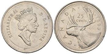 Канада 25 центов 1993 Елизавета II (1952-2022), олень KM 184 никель 4382-1216