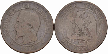 Франция 10 сантимов 1856 K, Наполеон III (1852-1870) KM 771.5, Le Franc 133.36 бронза    4680-625