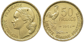 Франция 50 франков 1951 петух KM 918.1, Le Franc 425.5 алюминиевая бронза 4123-735