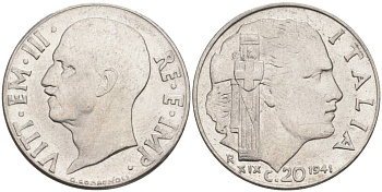ИТАЛИЯ 20 ЧЕНТЕЗИМО 1941 R, ГОД XIX, ВИКТОР ЭММАНУИЛ III (1900-1946) KM 75b, VEM3. 1028 нержавеющая сталь 3853-627