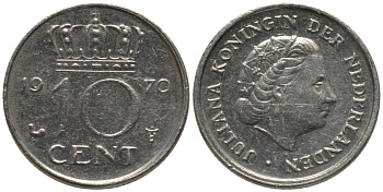 Нидерланды 10 центов 1970 Юлиана (1948-1980) KM 182 никель 116-513