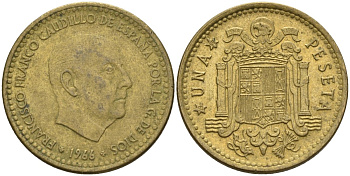 Испания 1 песета 1966 (69) Франсиско Франко (1939 - 1975) KM 796 алюминиевая бронза 4155-354