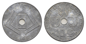 Бельгия 10 сантимов 1946 Belgie - Belgique, Леопольд III (1934-1947), германская оккупация, Вторая мировая война KM 126 цинк 4704-1031