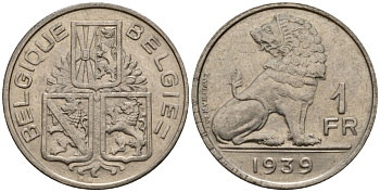 Бельгия 1 франк 1939 Belgique - Belgie KM 119 никель 4603-1244