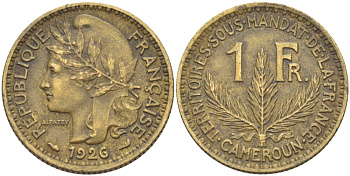 Французский Камерун 1 франк 1926 (а), монетный двор Париж KM 2 алюминиевая бронза 54-2055