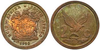 ЮАР 2 цента 1990 KM 133 сталь плакированная медью PROOF 00-000-00