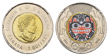 Канада 2 доллара 2020 100 лет со дня рождения Билла Рида, Цветное покрытие KM ?2925.1 биметалл UNC 108-1214