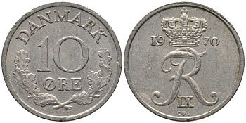 ДАНИЯ 10 ЭРЕ 1970 C; S, ФРЕДЕРИК IX (1947-1972) KM 841.3 медно-никель 116-231