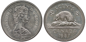 Канада 5 центов 1987 Елизавета II (1952-2022), бобер KM 60.2 a медно-никель  UNC  4588-1165