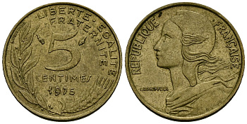 Франция 5 сантимов 1975 тип Marianne KM 933 алюминиевая бронза 4136-439
