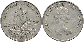 Восточно-Карибские штаты 25 центов 1981 Елизавета II (1952-2022), парусник KM 14 медно-никель 87-822