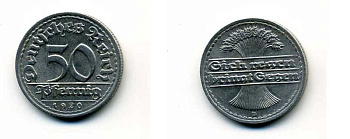 ГЕРМАНИЯ 50 ПФЕННИГОВ 1920 D KM 27, J. 301 алюминий 29-353