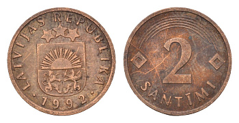 Латвия 2 сантима 1992 KM 21 сталь плакированная медью 105-537