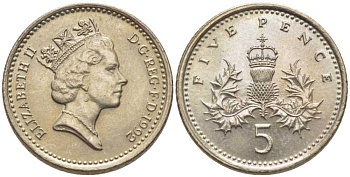 Великобритания 5 пенсов 1992 Елизавета II (1952-2022) KM 937b, Spink 4372 (D4) медно-никель 116-564