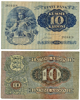 Эстония 10 крон 1928 крестьянка Pick 63 a  бумага   445-1-3-2