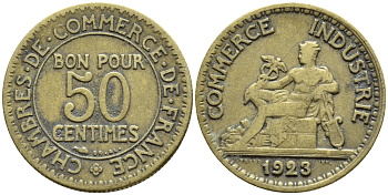 ФРАНЦИЯ 50 САНТИМОВ 1923 CHAMBRES DE COMMERCE KM 834, LE FRANC 191.6 алюминиевая бронза 4392-628