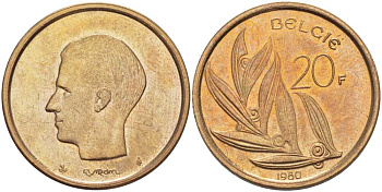 БЕЛЬГИЯ 20 ФРАНКОВ 1980 BELGIE, БОДУЭН I (1951-1993) KM 160 никель бронза 4391-515