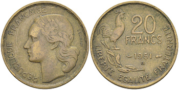 ФРАНЦИЯ 20 ФРАНКОВ 1951 B, ПЕТУХ, 4 ПЕРА KM 917.2, LE FRANC 402.8 алюминиевая бронза 106-312