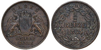 Баден 1/2 крейцера 1865 Фридрих I (1856-1907) KM 241, AKS 15, Jaeger 1 медь    220-941