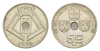 Бельгия 5 сантимов 1939 Belgie - Belgique, Альберт I (1909-1934) KM 111 никель латунь 4169-431