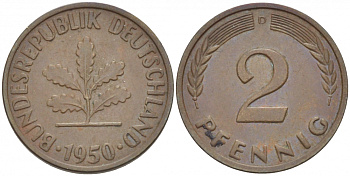 ФРГ 2 ПФЕННИГА 1950 D KM 106, J. 381 бронза 112-928