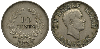 Саравак 10 центов 1927 Н, Третий Раджа Чарльз Вайнер Брук, Королевство Саравак (1846 - 1946) KM 16 медно-никель 4044-511