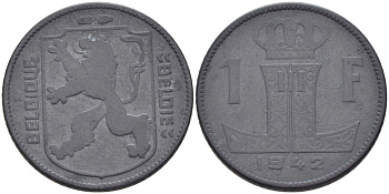 БЕЛЬГИЯ 1 ФРАНК 1942 BELGIQUE-BELGIE, ГЕРМАНСКАЯ ОККУПАЦИЯ KM 127 цинк 31-1234