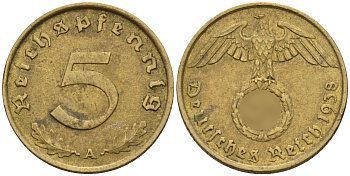 Германия 5 рейхспфеннигов 1938 A KM 91, J. 363 алюминиевая бронза 4151-821