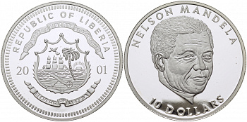 Либерия 10 долларов 2001 Нельсон Мандела серебро PROOF 1077-7-41