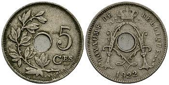 Бельгия 5 сантимов 1922 Belgique KM 66 медно-никель 4173-511