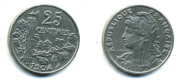 ФРАНЦИЯ 25 САНТИМОВ 1904 KM 856 никель 23-923