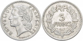 ФРАНЦИЯ 5 ФРАНКОВ 1947 В, CLOSED 9 KM 888b.2 алюминий 4403-224