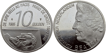 Нидерланды 10 гульденов 1995 300 лет со дня смерти Хьюго Грута, королева Беатрикс KM 220 серебро 1524-933