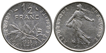 Франция 1/2 франка 1965 сеятель KM 931, Le Franc 198.3 никель 26-964