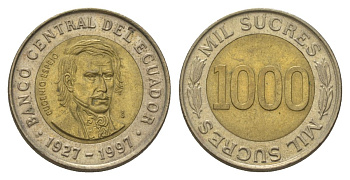 Эквадор 1000 сукре 1997 70 лет Центробанку KM 103 биметалл UNC 4626-426