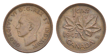 Канада 1 цент 1947 Leaf, Георг VI (1936-1952), кленовый лист KM 32 бронза 4630-522