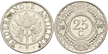 Нидерландские Антилы 25 центов 1990 Беатрикс (1980-2013) KM 35 сталь плакированная никелем 4364-1814