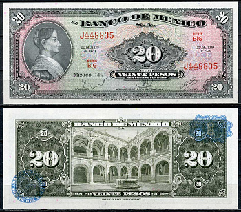 Мексика 20 песо 1970 Хосефа Ортис де Домингес, дворец федерального правительства в Керетаро, 22 июля 1970 Pick 54 p  бумага  UNC (пресс) 00-00