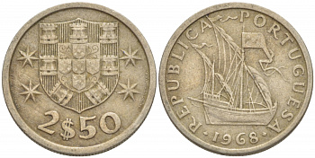 ПОРТУГАЛИЯ 2,5 ЭСКУДО 1968 ПАРУСНИК KM 590 медно-никель 3718-314