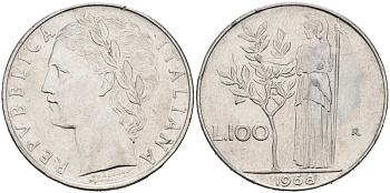 Италия 100 лир 1968 R, АФИНА У ОЛИВКОВОГО ДЕРЕВА KM 96.1 нержавеющая сталь 4572-935