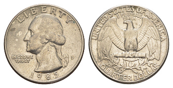 США 25 центов (квотер, 1/4 доллара) 1985 D KM 164a медь плакированная медно-никелем 4638-414